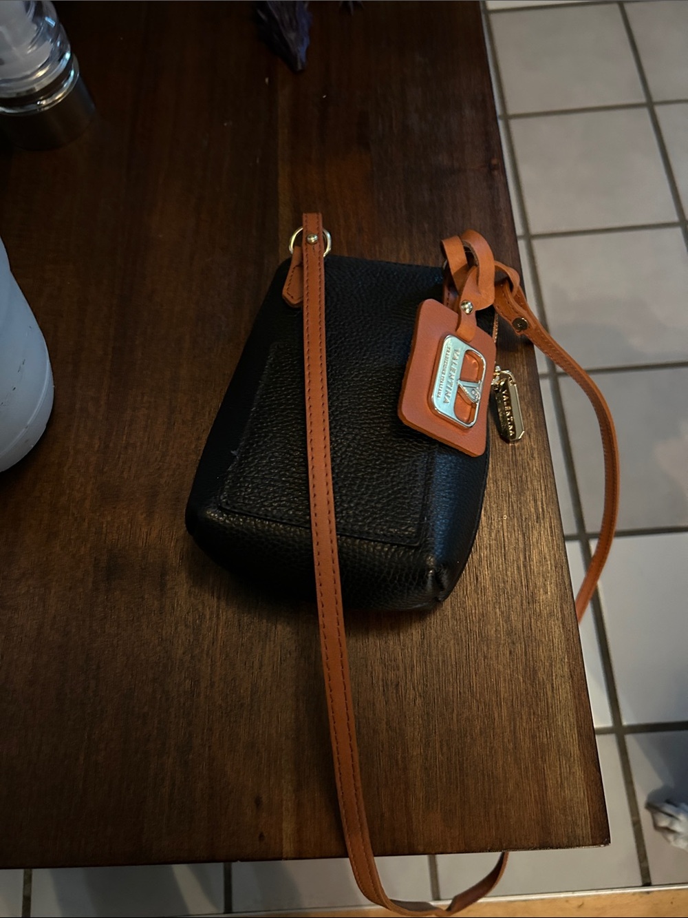 Valentina Black Pebbled Leather Crossbody with Tan Strap